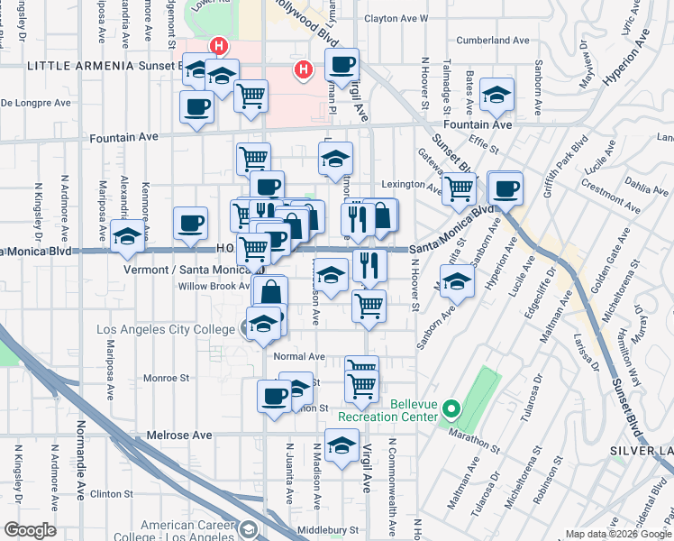 map of restaurants, bars, coffee shops, grocery stores, and more near 4574 Santa Monica Boulevard in Los Angeles