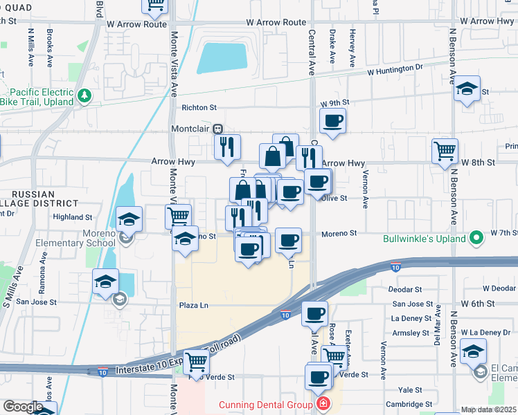 map of restaurants, bars, coffee shops, grocery stores, and more near 5150 North Montclair Plaza Lane in Montclair