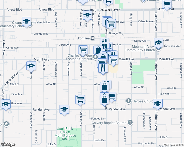 map of restaurants, bars, coffee shops, grocery stores, and more near 8985 Olive Street in Fontana