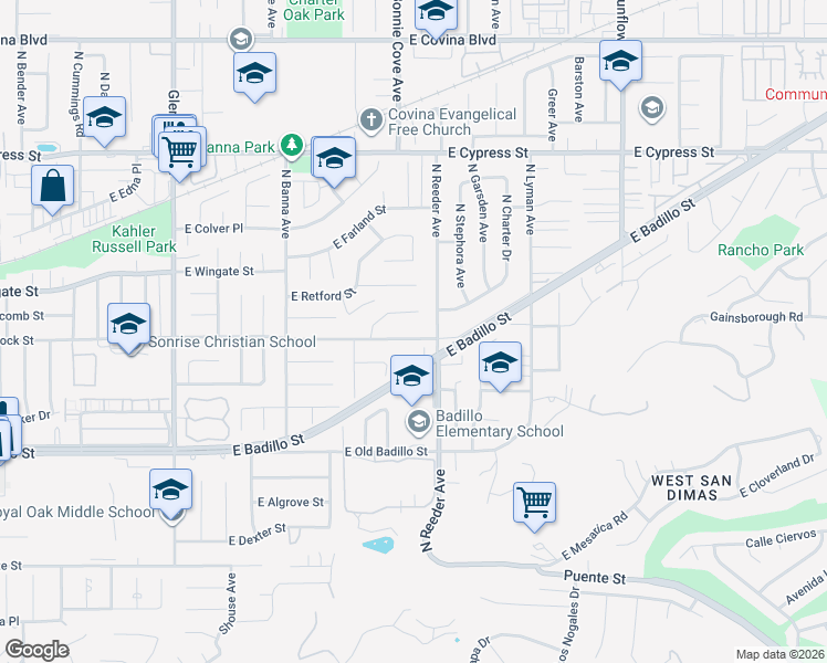 map of restaurants, bars, coffee shops, grocery stores, and more near 1708 East Edgecomb Street in Covina