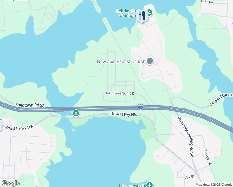 map of restaurants, bars, coffee shops, grocery stores, and more near Oak Street No 1 Southeast in Acworth