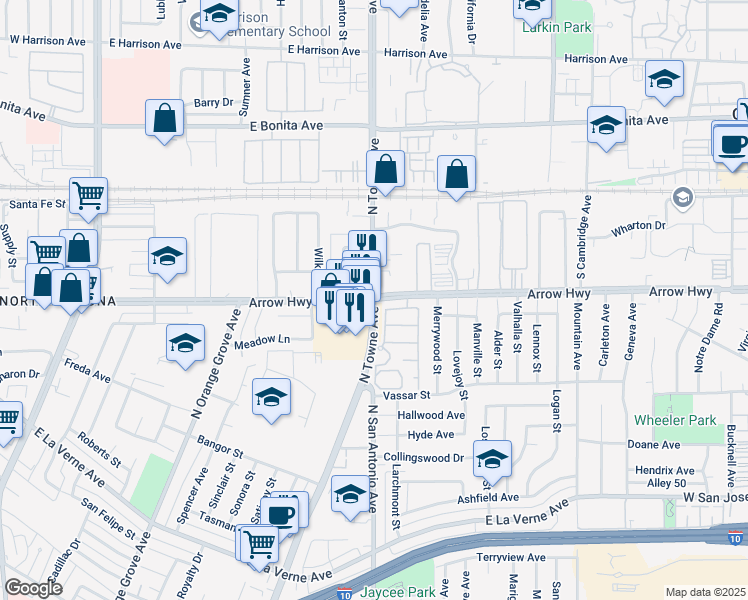map of restaurants, bars, coffee shops, grocery stores, and more near E Arrow Hwy & N Towne Ave in Pomona