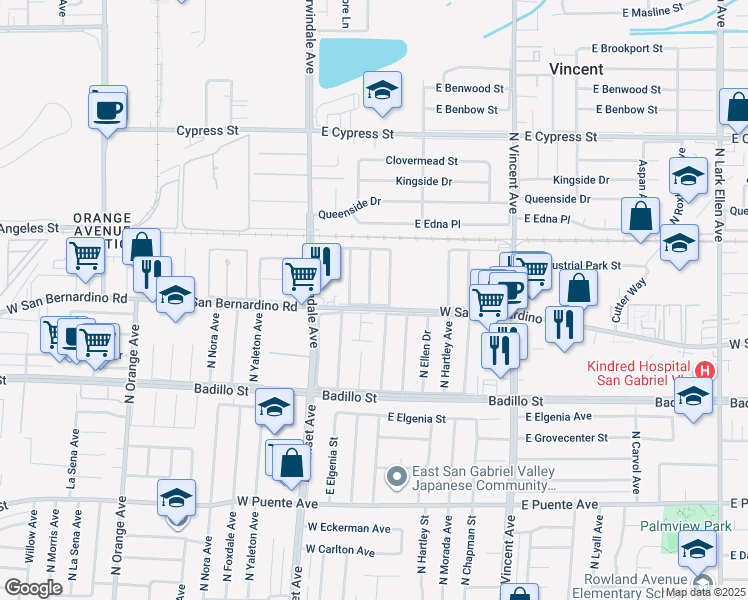 map of restaurants, bars, coffee shops, grocery stores, and more near 4222 North Broadmoor Avenue in Covina