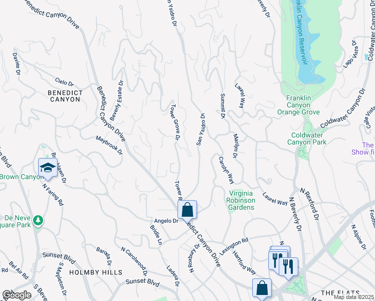map of restaurants, bars, coffee shops, grocery stores, and more near 9921 Tower Lane in Beverly Hills