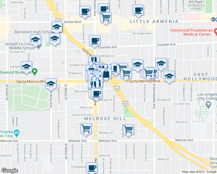 map of restaurants, bars, coffee shops, grocery stores, and more near 5325 Sierra Vista Avenue in Los Angeles