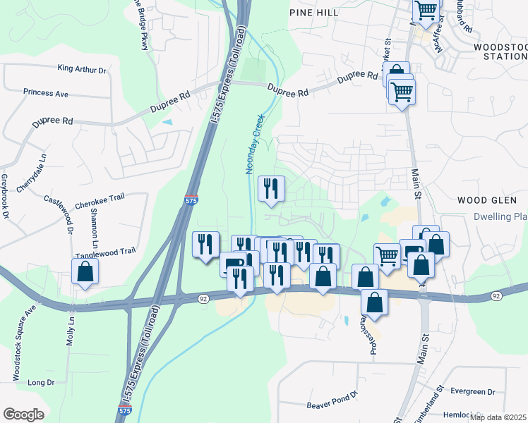 map of restaurants, bars, coffee shops, grocery stores, and more near 424 Creekstone Ridge in Woodstock