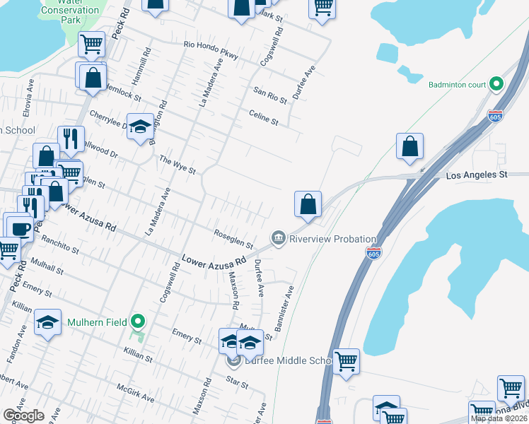 map of restaurants, bars, coffee shops, grocery stores, and more near 12117 Hallwood Drive in El Monte