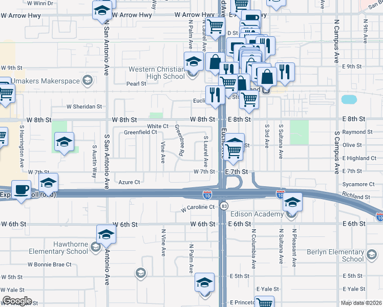 map of restaurants, bars, coffee shops, grocery stores, and more near in Upland