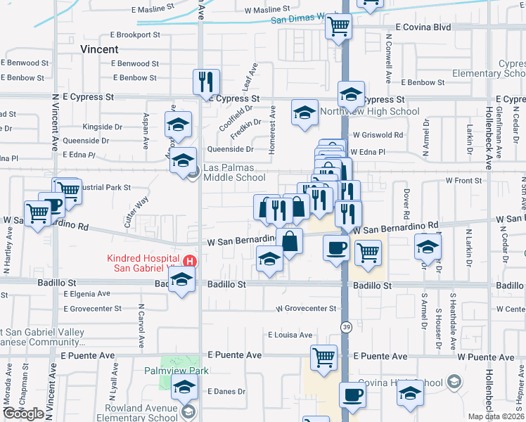 map of restaurants, bars, coffee shops, grocery stores, and more near 1122 West Glentana Street in Covina