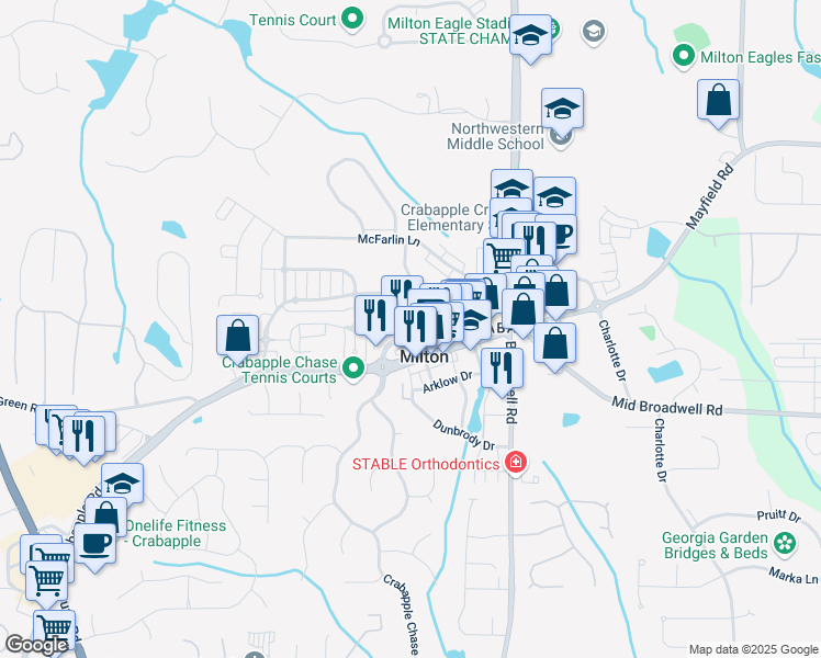map of restaurants, bars, coffee shops, grocery stores, and more near 1950 Heritage Walk in Milton