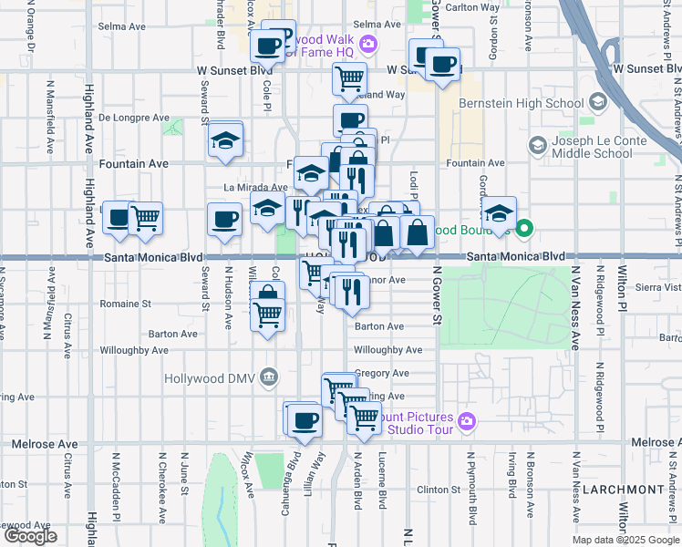 map of restaurants, bars, coffee shops, grocery stores, and more near 1057 Vine Street in Los Angeles