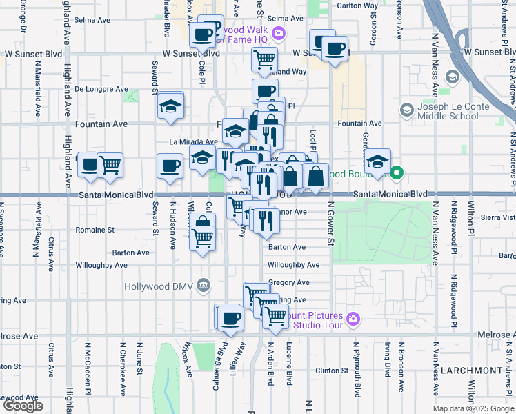 map of restaurants, bars, coffee shops, grocery stores, and more near 1057 Vine Street in Los Angeles