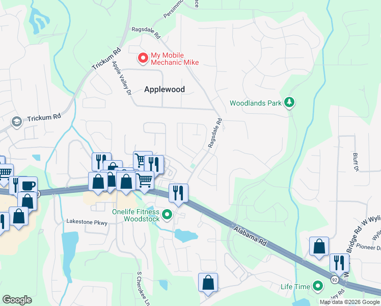map of restaurants, bars, coffee shops, grocery stores, and more near 436 Parkstone Drive in Woodstock