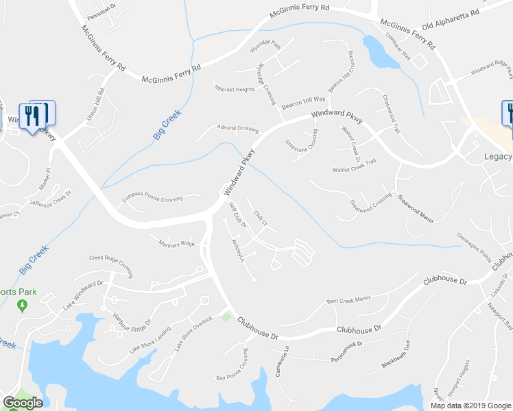 map of restaurants, bars, coffee shops, grocery stores, and more near 40 Club Court in Alpharetta