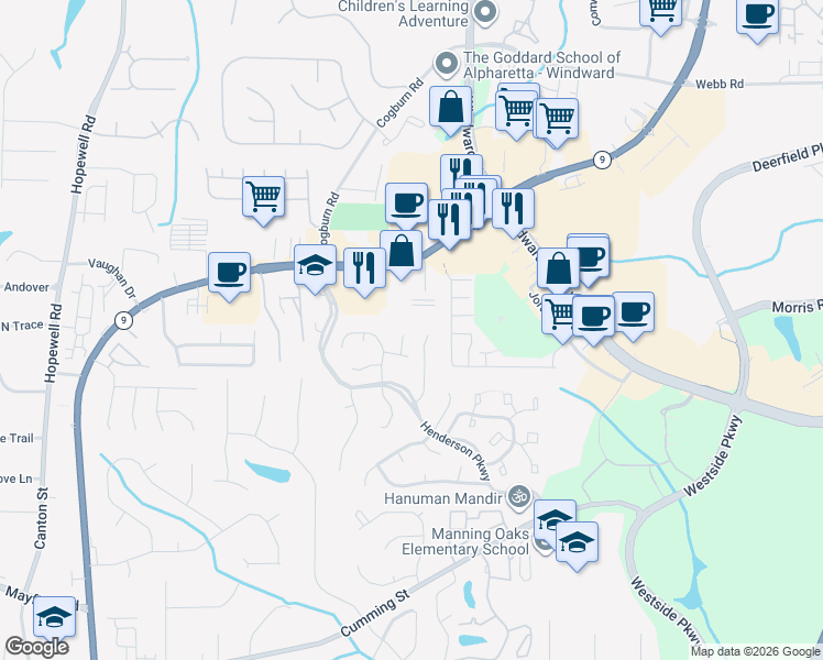 map of restaurants, bars, coffee shops, grocery stores, and more near 341 Devon Court in Alpharetta