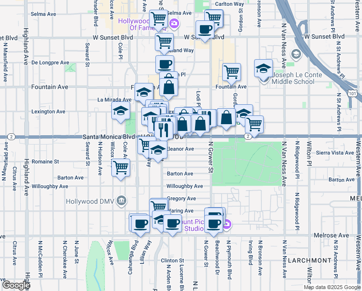 map of restaurants, bars, coffee shops, grocery stores, and more near 6111 Eleanor Avenue in Los Angeles