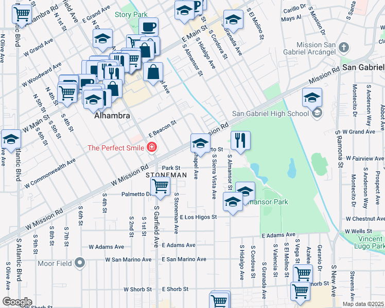 map of restaurants, bars, coffee shops, grocery stores, and more near in Alhambra