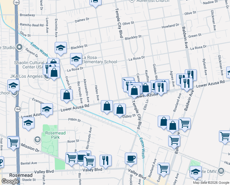 map of restaurants, bars, coffee shops, grocery stores, and more near 4831 Fiesta Avenue in Temple City
