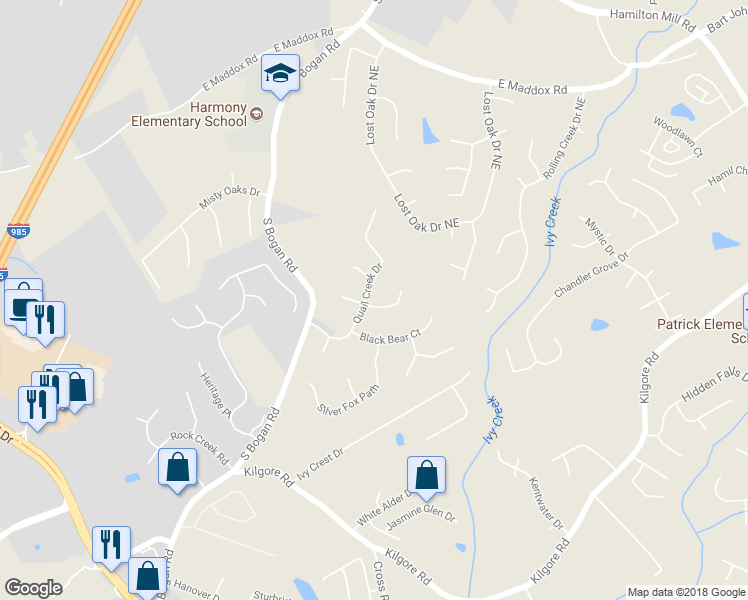 map of restaurants, bars, coffee shops, grocery stores, and more near 3681 Quail Creek Drive in Buford