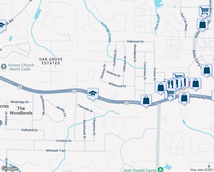 map of restaurants, bars, coffee shops, grocery stores, and more near 1513 Wildwood Drive in Acworth
