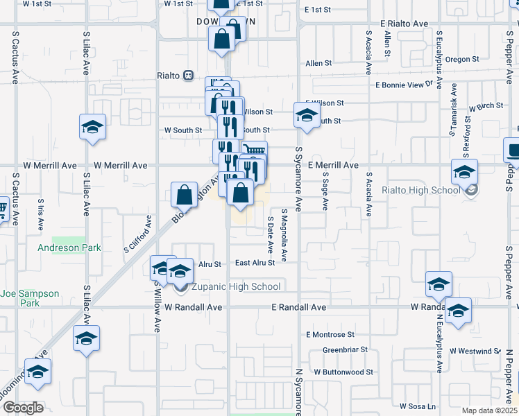 map of restaurants, bars, coffee shops, grocery stores, and more near 581 South Riverside Avenue in Rialto