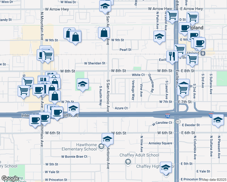 map of restaurants, bars, coffee shops, grocery stores, and more near 309 South Vallejo Way in Upland