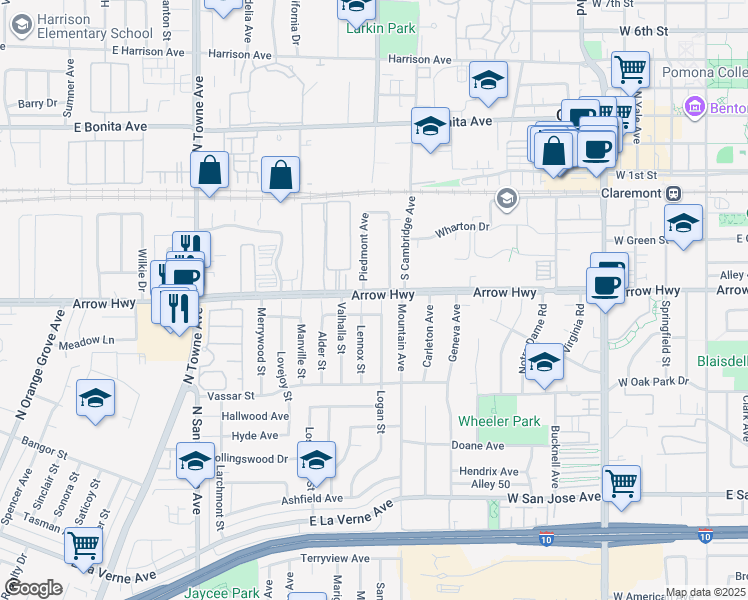 map of restaurants, bars, coffee shops, grocery stores, and more near 291 Princeton Avenue in Claremont