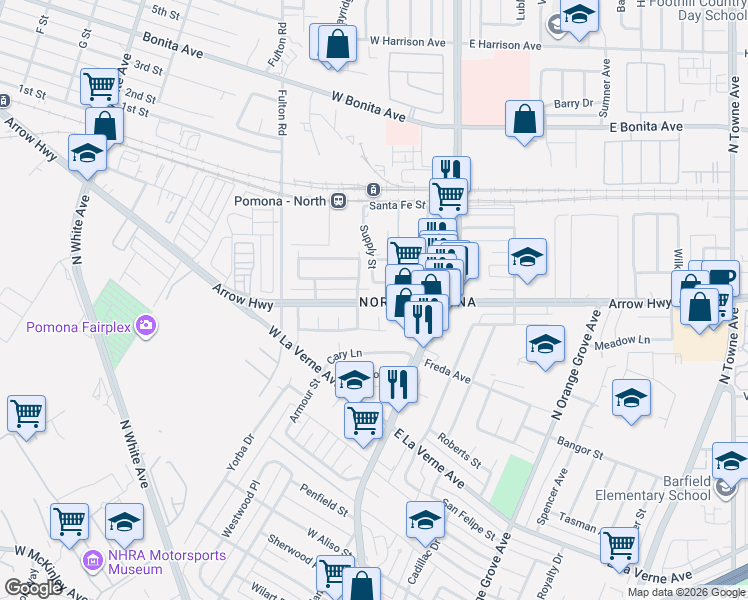 map of restaurants, bars, coffee shops, grocery stores, and more near 185 West Arrow Highway in Pomona