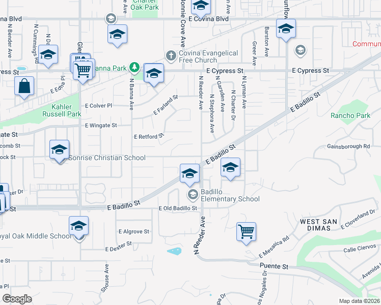 map of restaurants, bars, coffee shops, grocery stores, and more near 1708 East Edgecomb Street in Covina