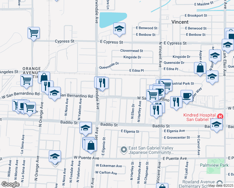 map of restaurants, bars, coffee shops, grocery stores, and more near 4222 North Broadmoor Avenue in Covina