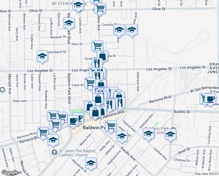 map of restaurants, bars, coffee shops, grocery stores, and more near 14522 Clark Street in Baldwin Park
