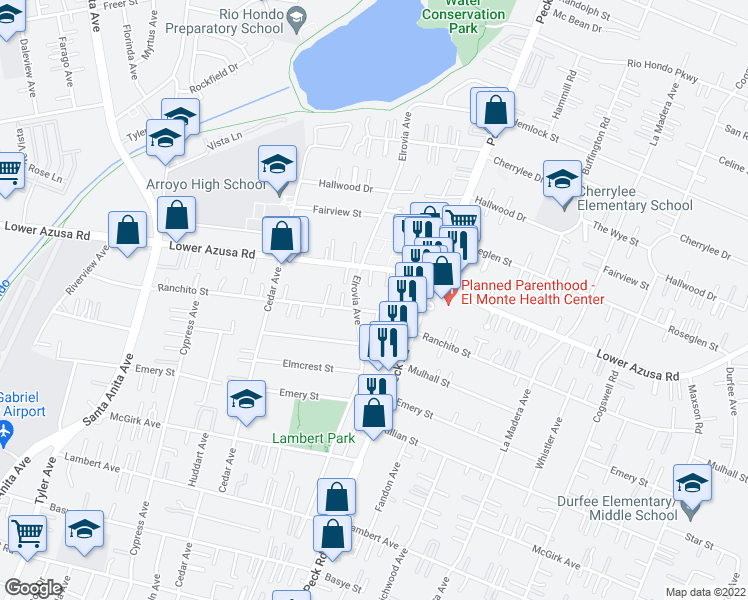 map of restaurants, bars, coffee shops, grocery stores, and more near 11510 Lower Azusa Road in El Monte