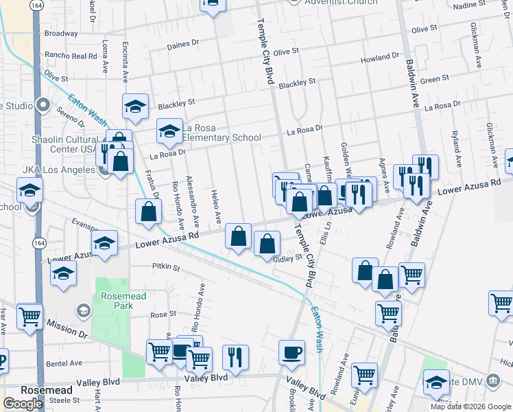 map of restaurants, bars, coffee shops, grocery stores, and more near 4838 Fiesta Avenue in Temple City