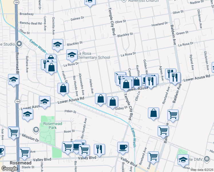 map of restaurants, bars, coffee shops, grocery stores, and more near 4848 Cloverly Avenue in Temple City