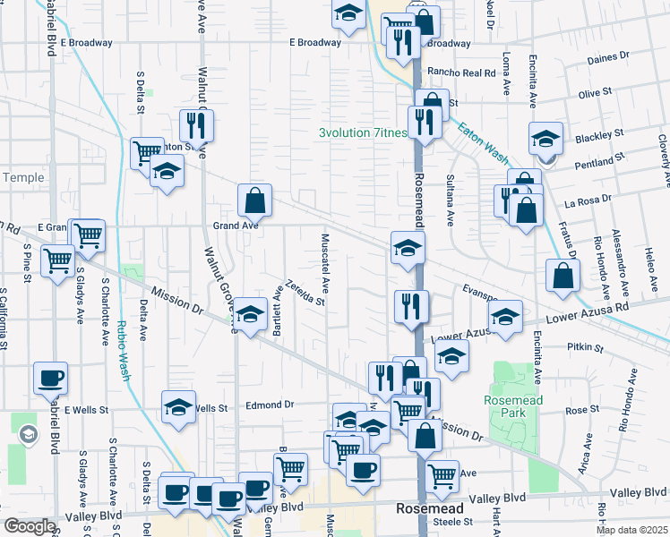 map of restaurants, bars, coffee shops, grocery stores, and more near 4743 Fendyke Avenue in Rosemead