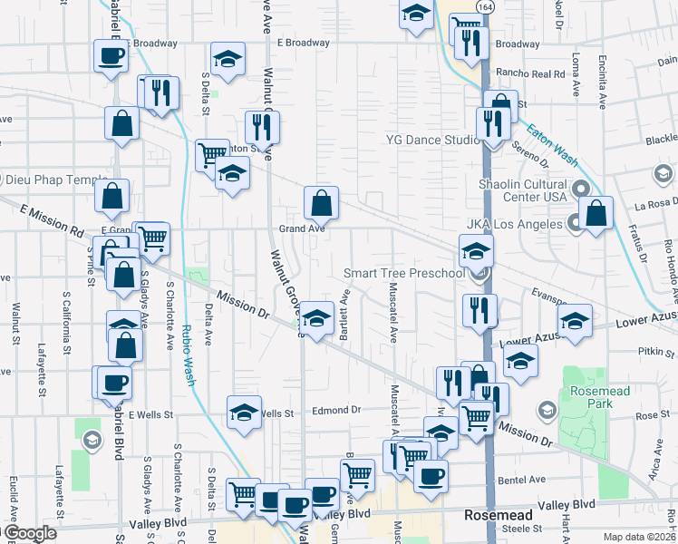 map of restaurants, bars, coffee shops, grocery stores, and more near 4731 Bartlett Avenue in Rosemead