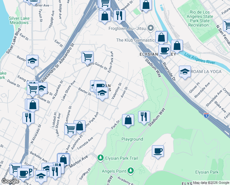map of restaurants, bars, coffee shops, grocery stores, and more near 2165 Valentine Street in Los Angeles