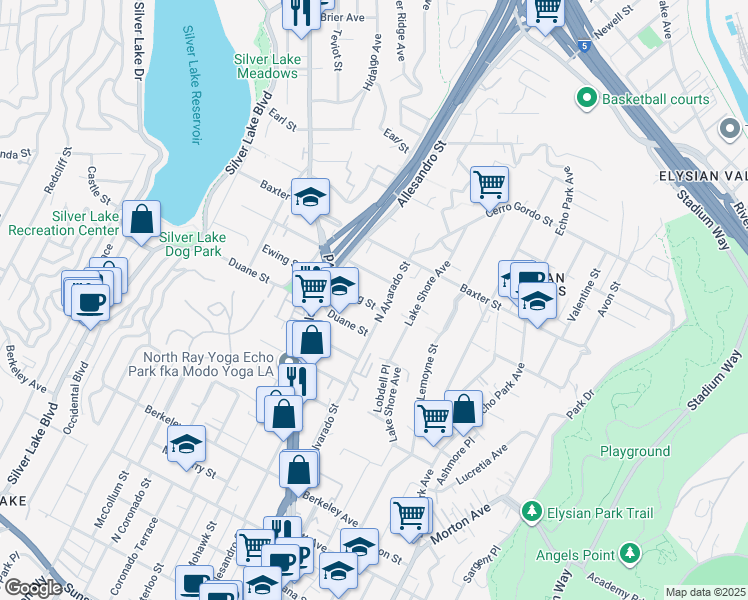 map of restaurants, bars, coffee shops, grocery stores, and more near 2133 Ewing Street in Los Angeles