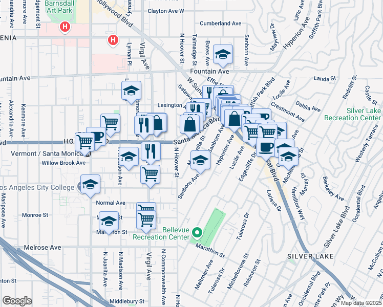 map of restaurants, bars, coffee shops, grocery stores, and more near in Los Angeles