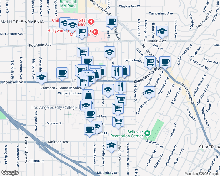 map of restaurants, bars, coffee shops, grocery stores, and more near 4574 Santa Monica Boulevard in Los Angeles