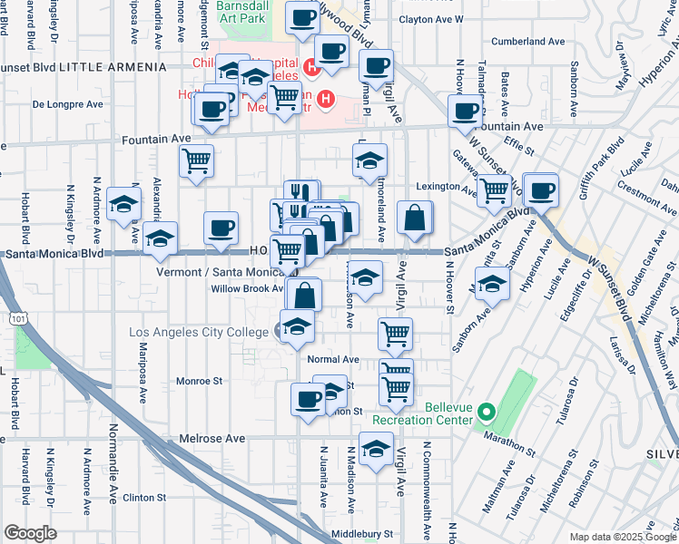 map of restaurants, bars, coffee shops, grocery stores, and more near 4620 Santa Monica Boulevard in Los Angeles