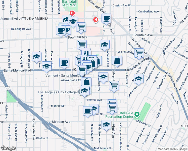 map of restaurants, bars, coffee shops, grocery stores, and more near 4620 Santa Monica Boulevard in Los Angeles