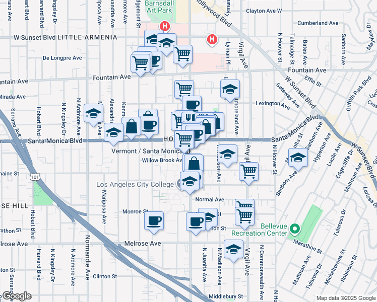 map of restaurants, bars, coffee shops, grocery stores, and more near in Los Angeles