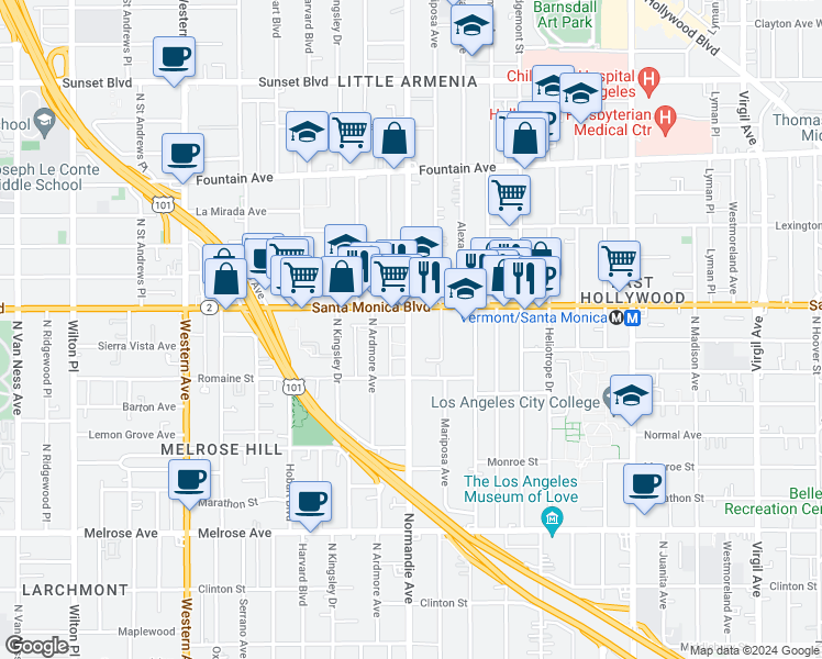 map of restaurants, bars, coffee shops, grocery stores, and more near in Los Angeles
