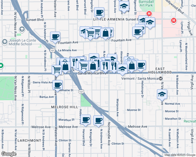 map of restaurants, bars, coffee shops, grocery stores, and more near in Los Angeles