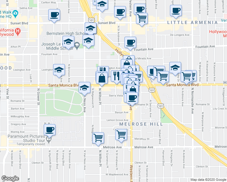 map of restaurants, bars, coffee shops, grocery stores, and more near in Los Angeles