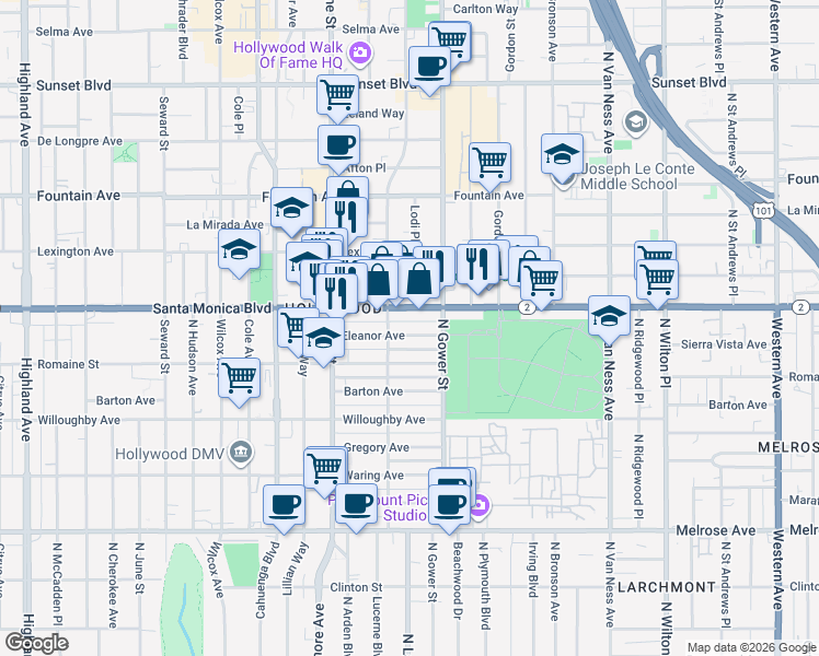 map of restaurants, bars, coffee shops, grocery stores, and more near 6118 California 2 in Los Angeles