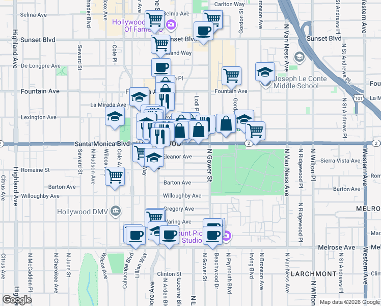 map of restaurants, bars, coffee shops, grocery stores, and more near in Los Angeles