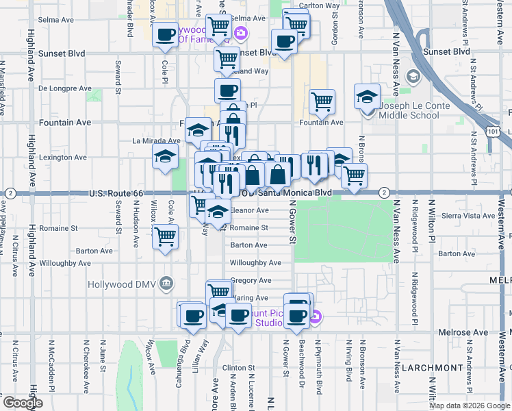 map of restaurants, bars, coffee shops, grocery stores, and more near in Los Angeles