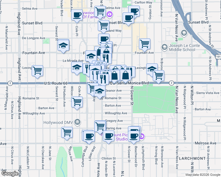 map of restaurants, bars, coffee shops, grocery stores, and more near in Los Angeles